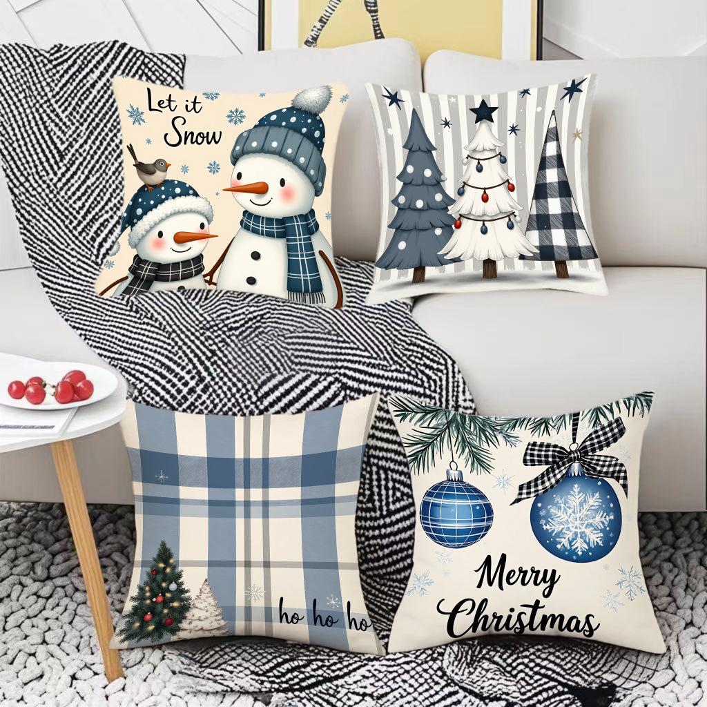 Christmas White and Blue Pillowcase Snowman Snowflake Christmas Decoration Combination Living Room Bedroom Home Cushion Cover