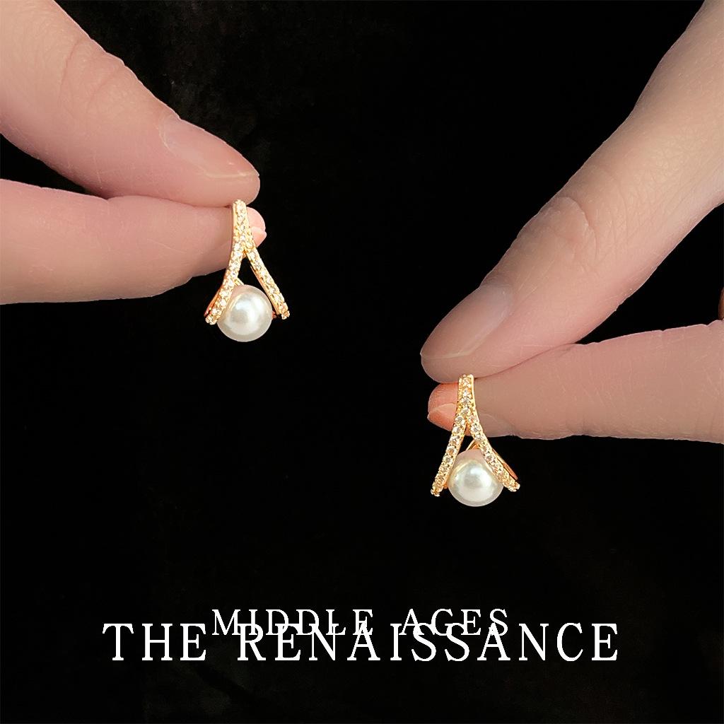 Vintage French Pearl Zircon Cross Earrings Elegant Stud Earrings