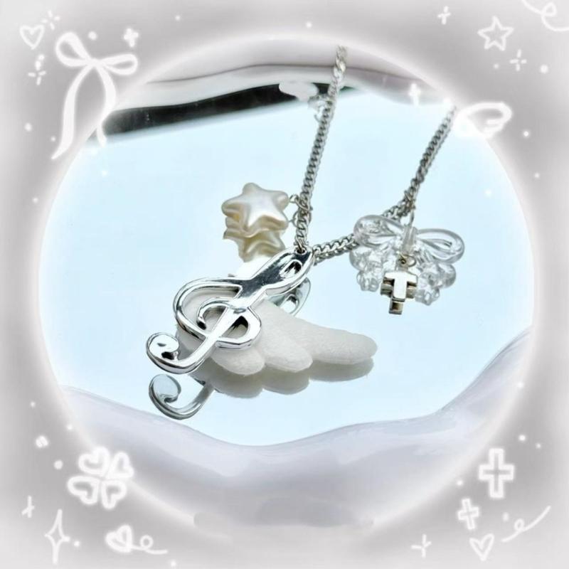 Vintage Angel Wing Music Note Necklace For Girls Sweet And Romance Design Lightweight Alloy Clavicle Chain Jewelry