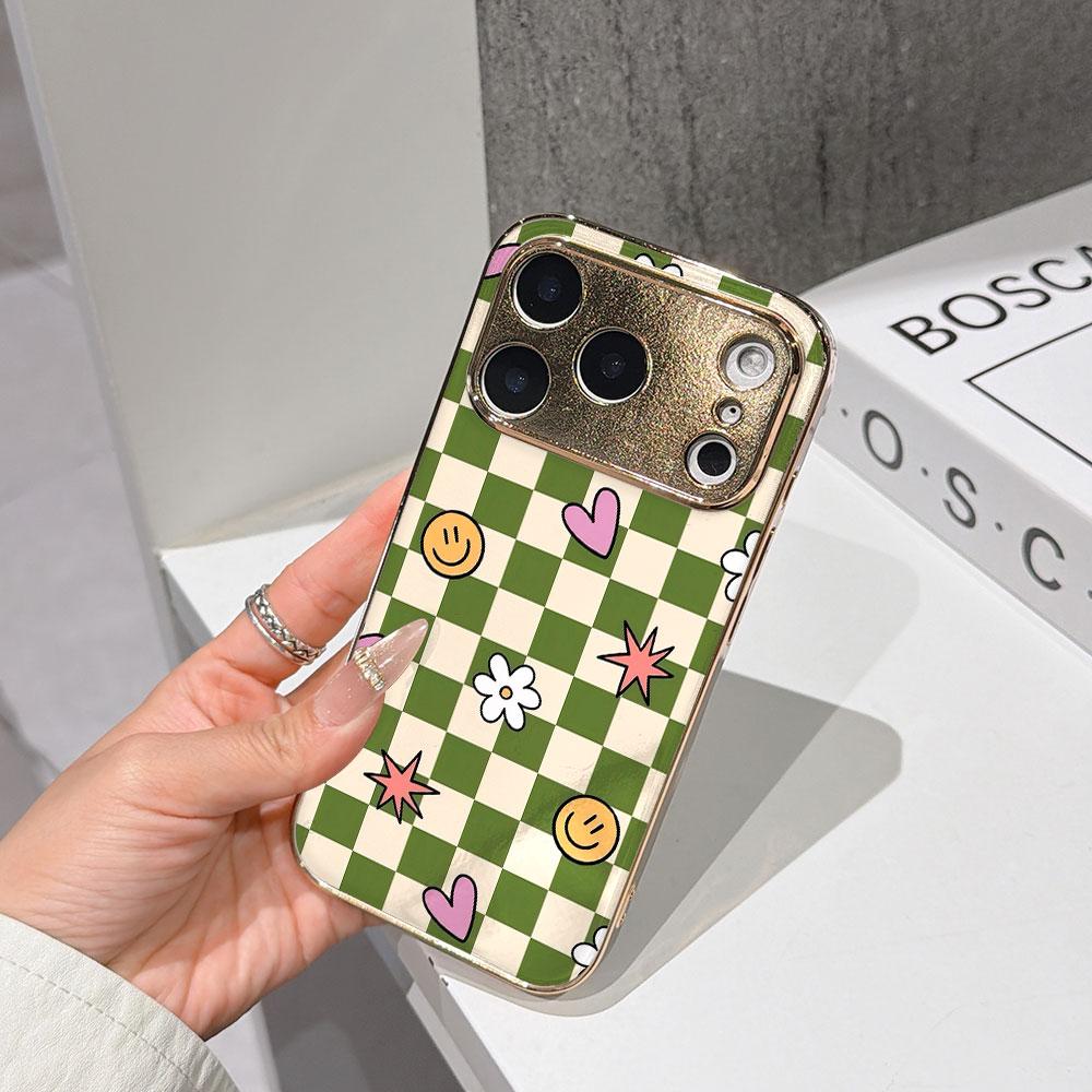 LUCKYSTART Shockproof Cute Case Phone Case For iPhone 17 16 15 14 13 12 11 Pro Max 16E Gold Electroplated glass shell Checkerboard Cute Icons Cover IPHONE14