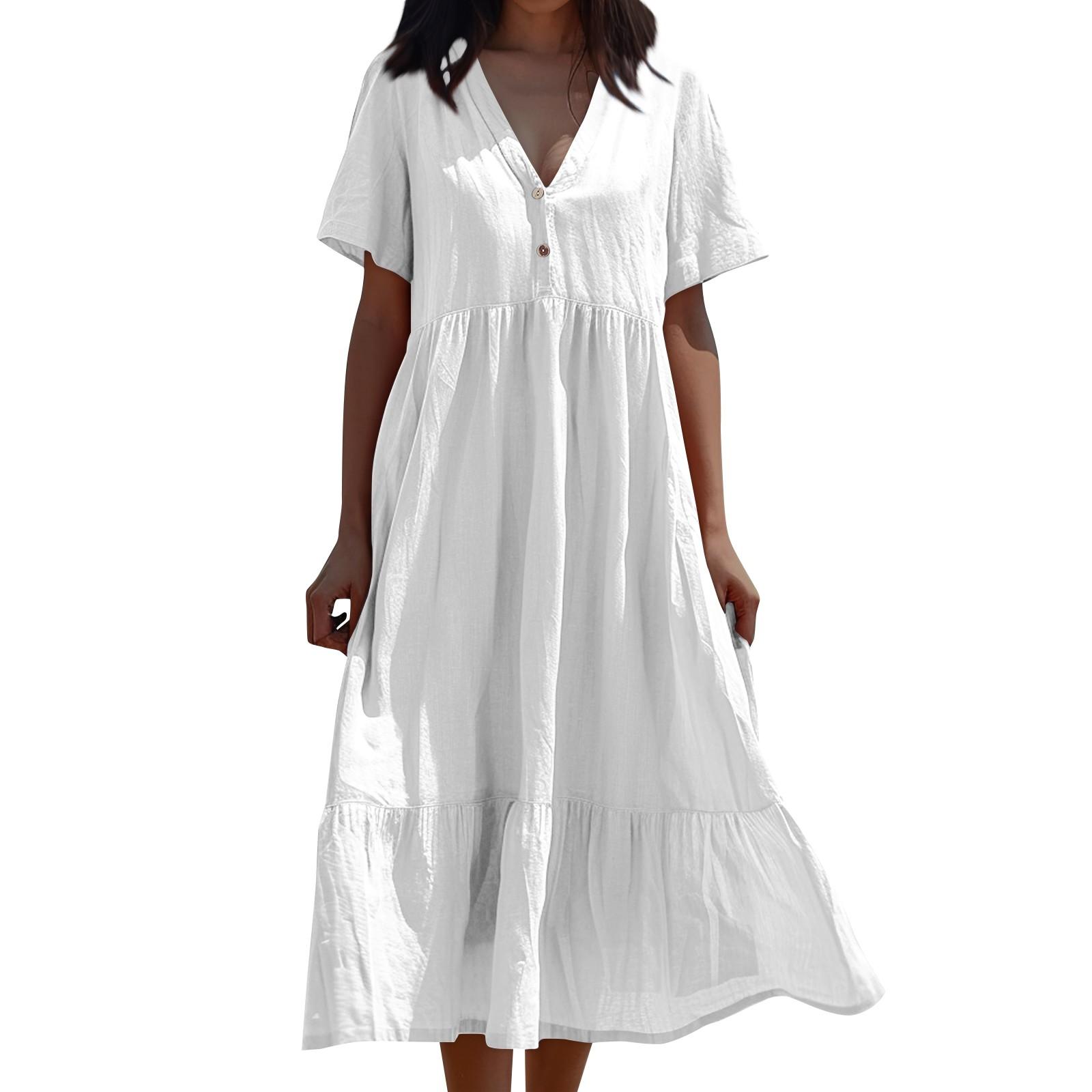 

Женское летнее однотонное платье с короткими рукавами и кружевом на пуговицах с v-образным вырезом и большим подолом XXL белый