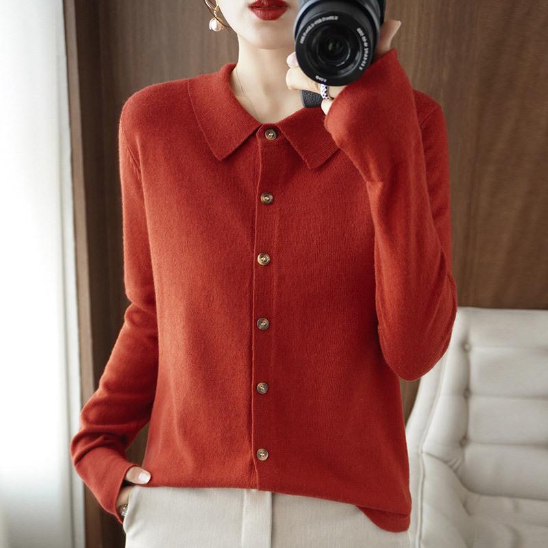 Women's Wool Cardigan with POLO Collar - Long Sleeve Sweater for Spring & Autumn