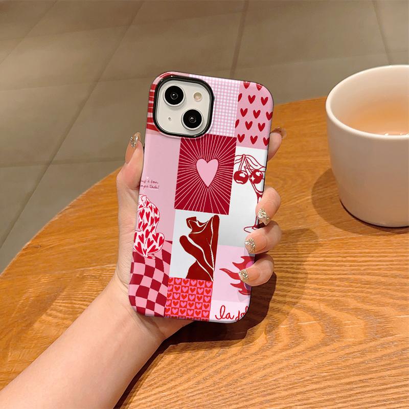 Pink Red Heart Cherry Checkered Collage Print Soft Silicone Phone Case Valentine Retro Shockproof Cover For iPhone 17 16 15 14 13 12 11 Pro Max