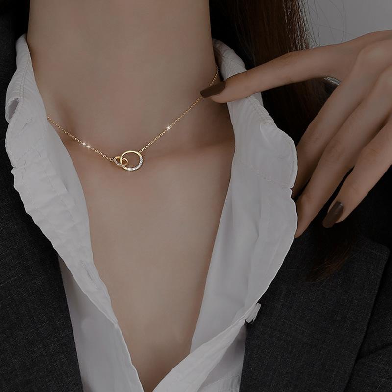 Minimalism 925 Sterling Silver Round Double Circle Zirconia Necklaces & Pendants for Women Party Gift Choker Lovers Jewelry