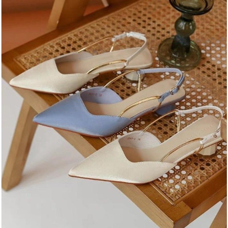 Fashion New Style Fashion Women's French Satin Style Sandals Spring Women Baotou Mid Heel Design Luxury Pointed Versatile Single Shoes