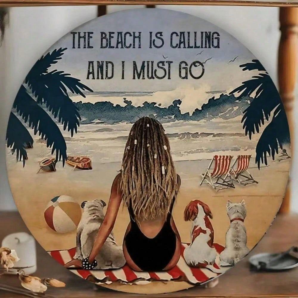 Vintage Metal Tin Sign Beach Is Calling Me Round Wall Decor for Kitchen Home