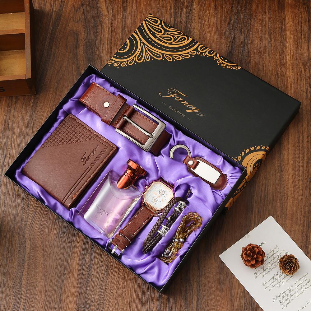 Premium Men's Souvenir Gift Set Custom Logo Leather Wallet Belt Watch Sunglasses 4-Piece Valentine Birthday Luxury Box