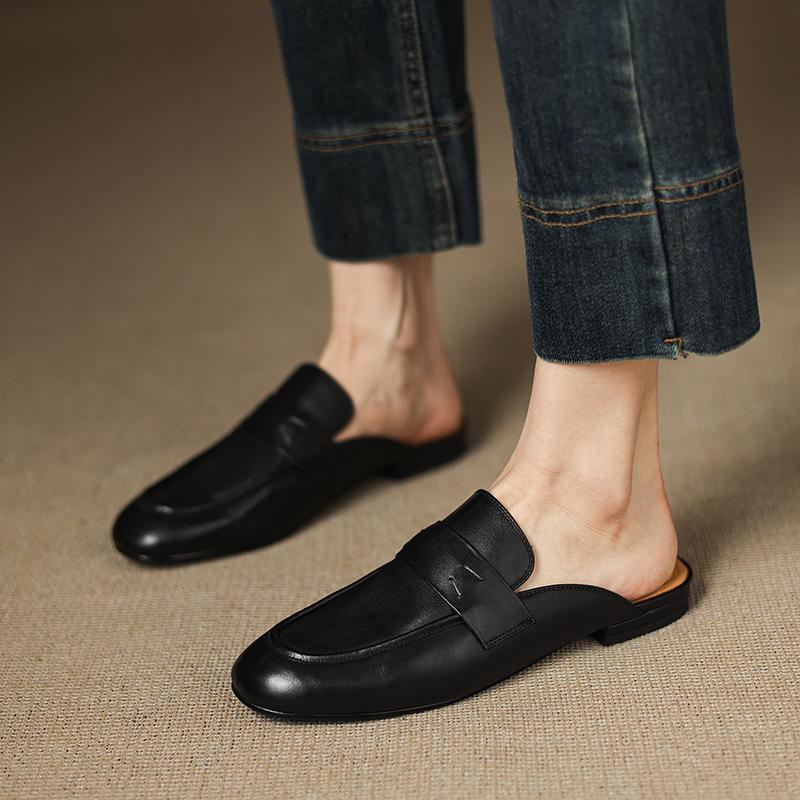 Fashion 2025 Women's New Spring/Summer Retro Round Toe Genuine Leather Sheepskin Headband Comfortable Low Heel Large Muller Slippers