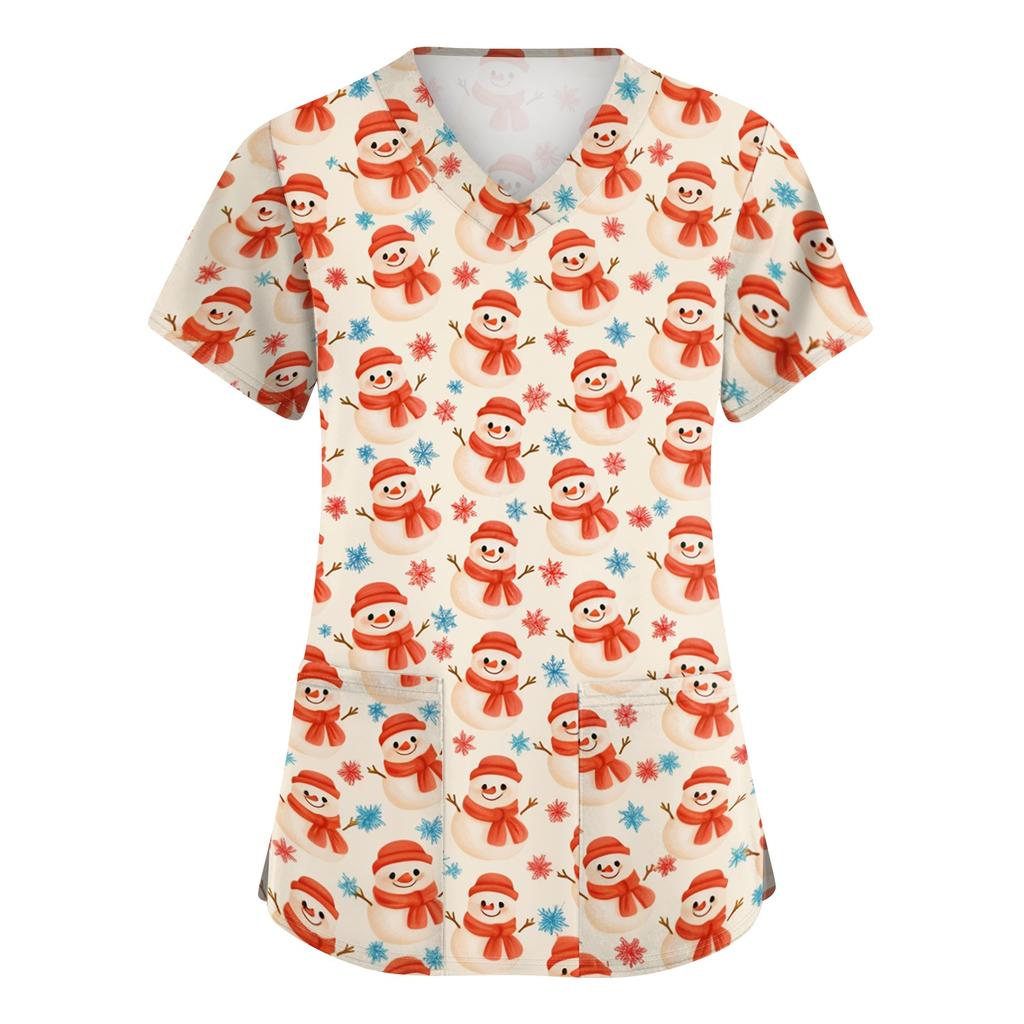 Women's Christmas Print V-Neck Short Sleeve Work Shirt with Pockets Caregiver Uniform Top
