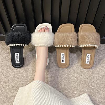 Pearl Fluffy Slippers for Women In Summer2025 New Style:Fashionable and Simple Fairy-like Flat One-shoulder French Cool Slippers