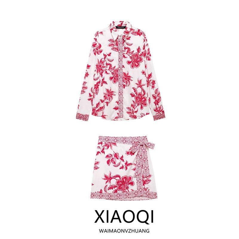 Western Style 2024 Summer New Women Echo Pattern Flower Print Shirts High Waist Skirt 5029154