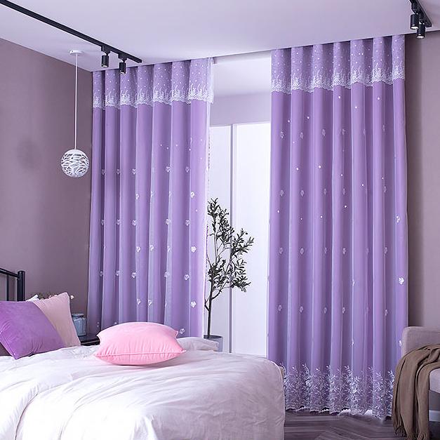 WTEMPO 2ks Korejský styl dutý dvouvrstvý závěs Obývací pokoj Ložnice Dívka Princezna Od podlahy ke stropu Blackout Růžová tkanina Příze Hotový závěs