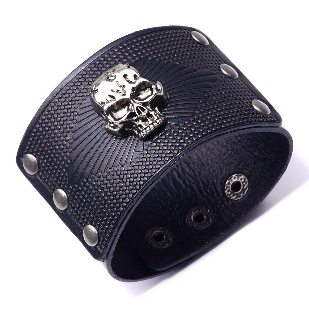 2024 Men's Cowhide Skull Bracelet: European & American Style, Wide Leather Design