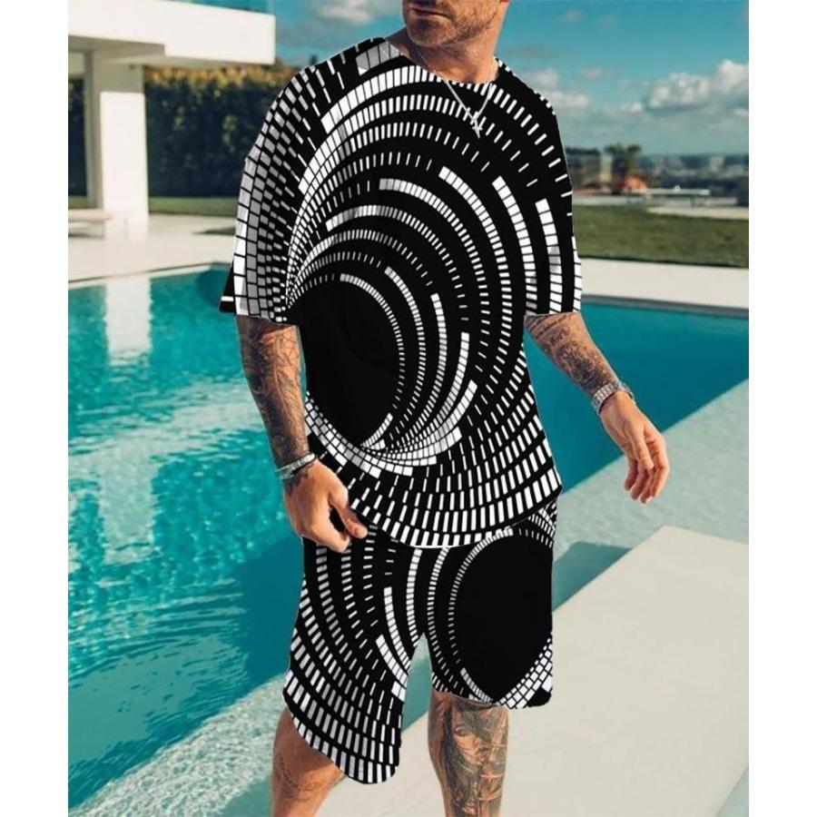 2024 New Men's Round Neck T-shirt Set Printing Optical Illusion Pattern T-shirt Two Piece Set Fashion Men's Summer T-shirt Set