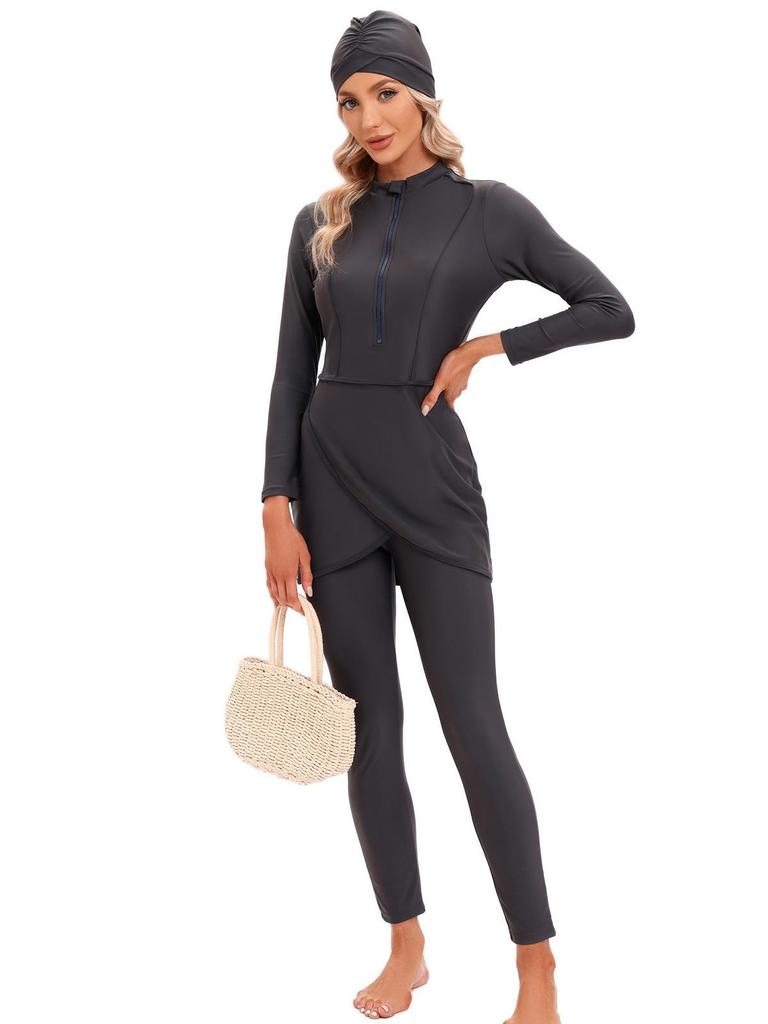 2023 Women's Solid Color Conservative Muslim Swimsuit for Beach