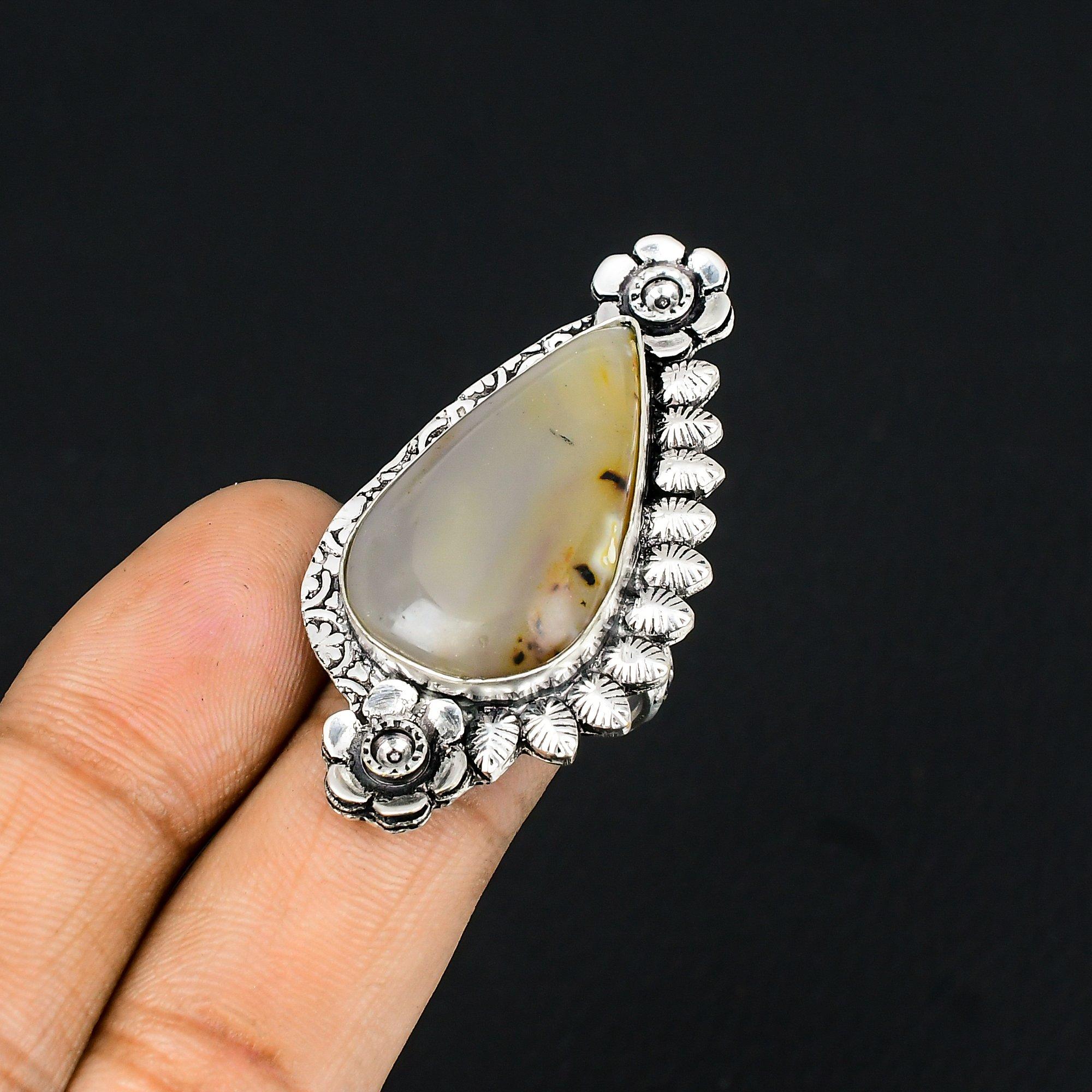 Агат Монтана Камень 925 Проба Стерлинговое Серебро Кольцо-Цветок Мамы Наборное Размер 7.5 7.5