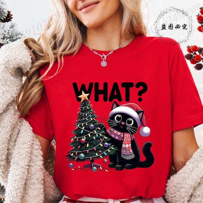 Funny Christmas Cat Women TShirt Xmas Cat Graphic TShirts Tops Short Sleeve Tees Casual Harajuku Street Tshirt Female Clothing