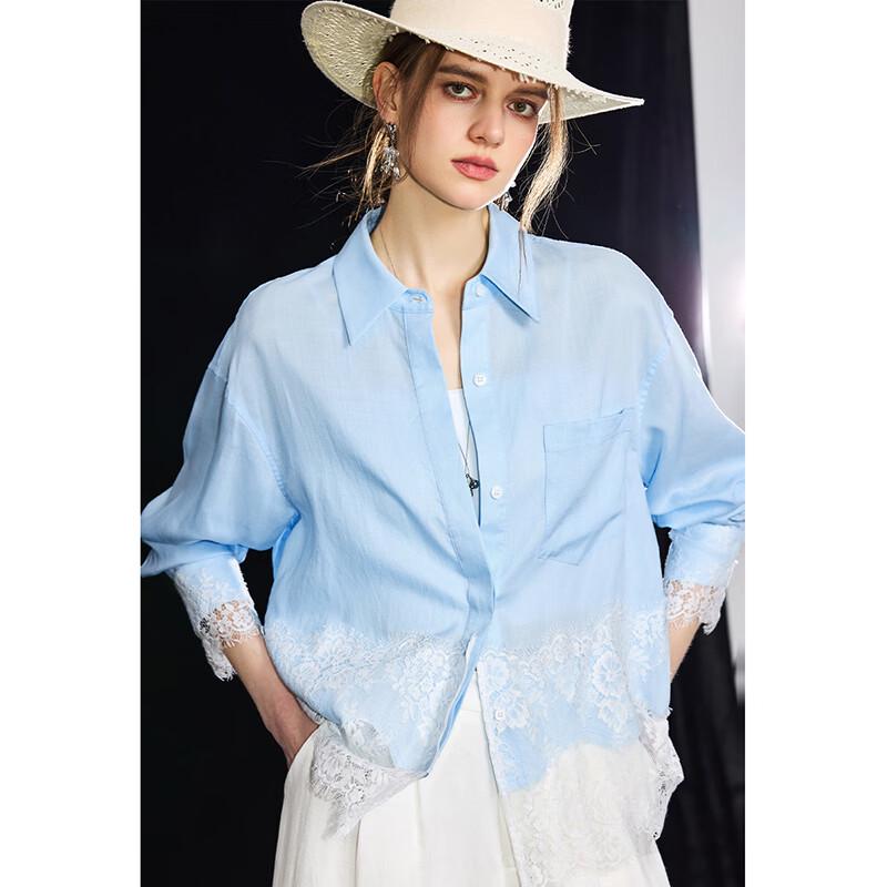Wudao Women's French Lapel Lace Tencel-Ramie Blouse