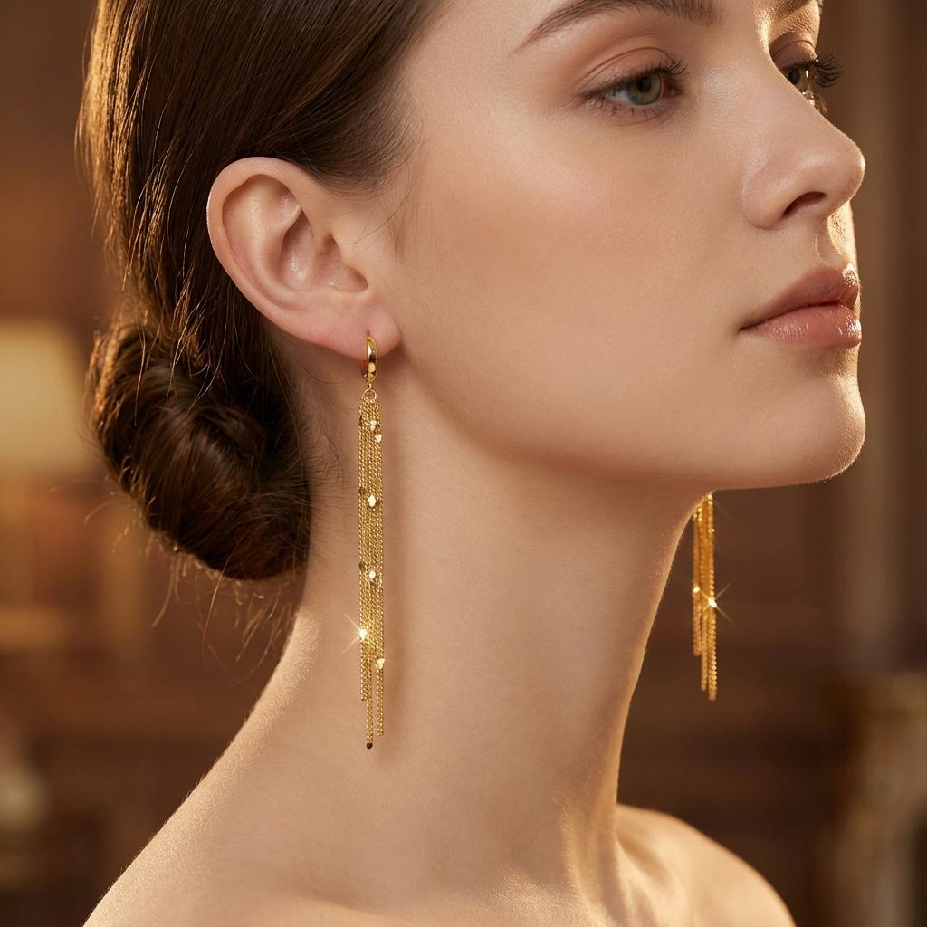 Shiny Long Tassel Glitter Drop Earrings for Women Gold Color Fashion Long Chain Metal Dangle Earring Wedding Party Jewelry