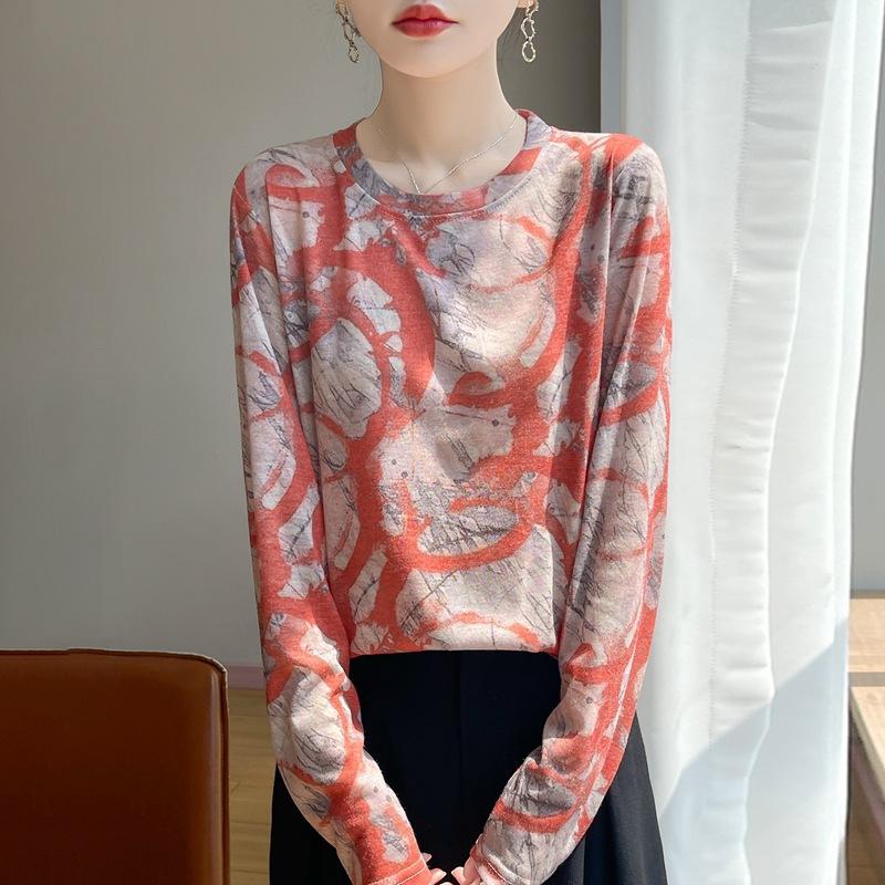 Spring/Summer New Style Round-neck Knitted Sweater Long-Sleeve Women's Printed Multi-color Loose-Fitting Base Layer Shirt