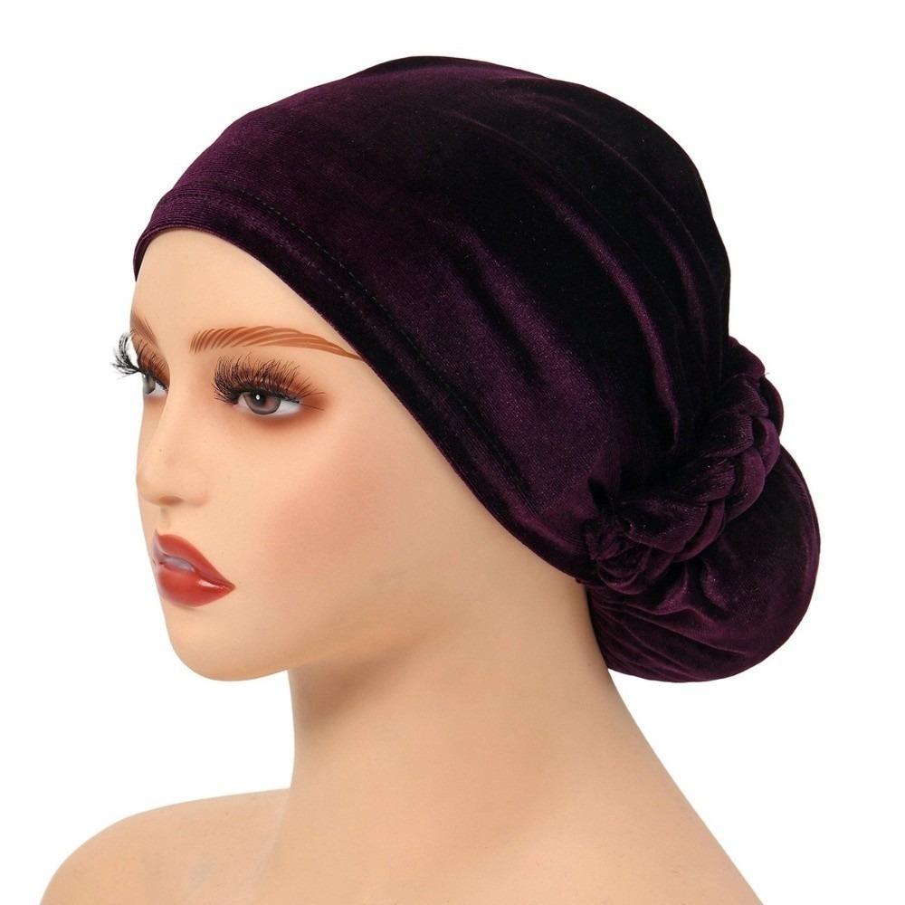 Plated Finish Velvet Turban Hat Solid Color Chemo Beanies Elegant Muslim Headscarf Cap for Women