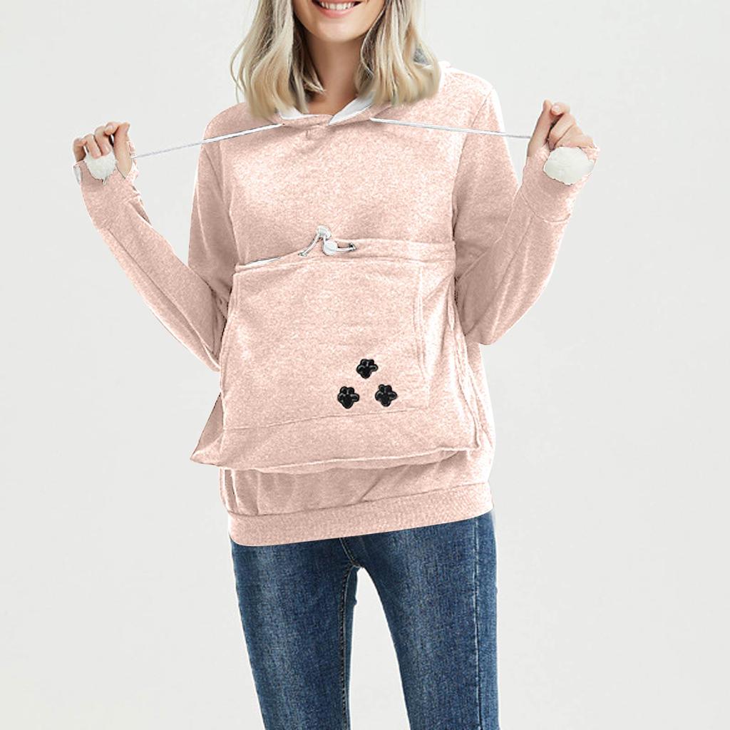 Women's Fashion Casual Top Solid Color Long Sleeve Pet Pocket Hoodie Sweatshirt