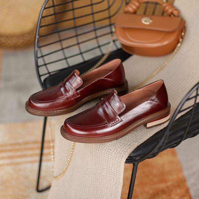 New Butter Leather Women 'S Shoes Fashion Handmade Loafers Round Toe Thick Heel Slip -On Pumps Shoes For Women British Style