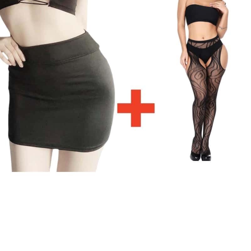 2PCS/SET Women High Waist Pencil Mini Skirts+Stockings Dress Set,Sexy Casual Wrap Hips Black Short Skirt and Pantyhose
