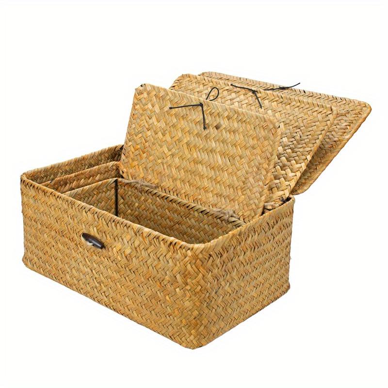 Brown/beige/coffee 3-pieces Set Grass Woven Home Sundry Storage Box with Lid Cover buckle,toy&Towel&Dirty Clothes Collecting Basket Container.