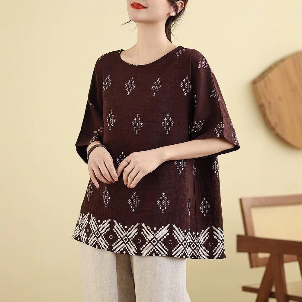 Baumwolle und Leinen Sommer Neu Damen Übergröße Kurzarm T-Shirt Um Sie schlanker aussehen zu lassen Sommer Locker Mutter Bedrucktes Oberteil Rundhalsausschnitt