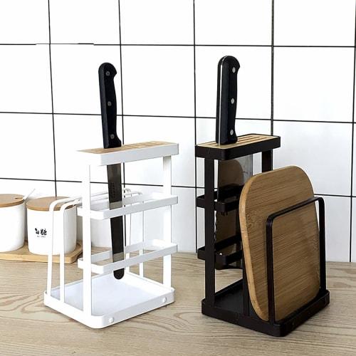 VANRA? Cutting Board Stand, Knife Stand, Iron, Holds Drainer, Cutting Board, Pot Lid, and Wooden Knife Holder (White, with Tray)