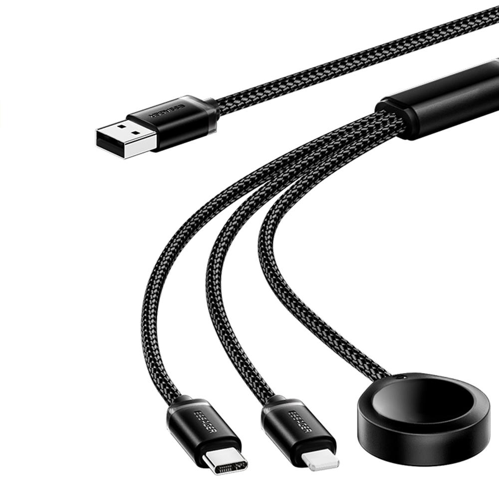 ESSAGER 1.2m USB to Type-C + 8-pin + for Apple Watch Wireless Charging Dock Braided Charge Cable A