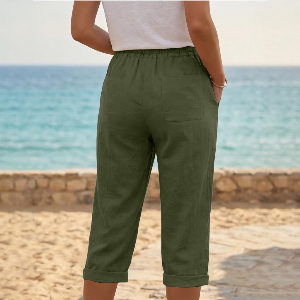 Women Drawstring Waist Linen Capri Pants with Pockets Loose Fit Lightweight Cropped Trousers for Casual Daily Wear
