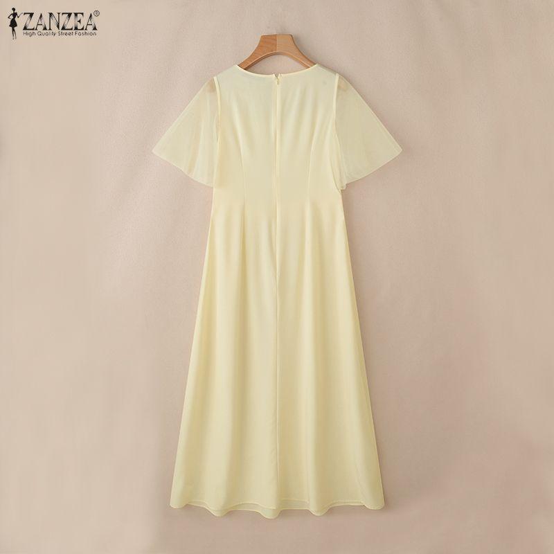 ZANZEA Women Casual Round Neck Mesh Splice Short Sleeve Loose Dress