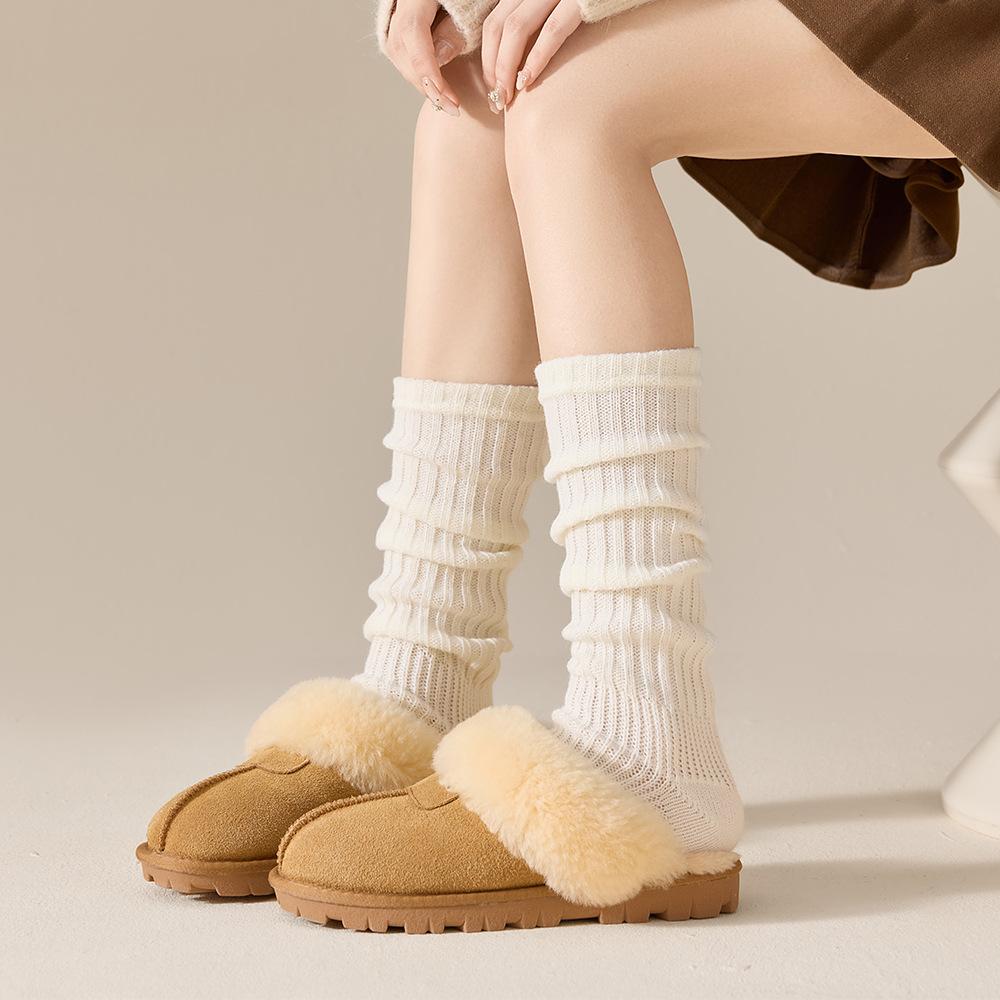 Knitted Socks, Women's White Calf Socks, Leg Covers, Spring and Autumn Grey Pile Socks, Thigh-high Socks, Mid-calf Socks