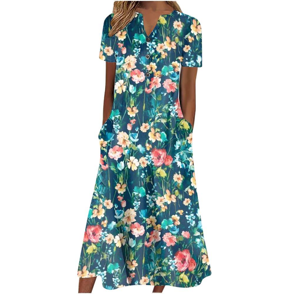 Women's V‑Neck Button Short Sleeve Midi Dress Loose Printed Casual Dress With Side Pockets