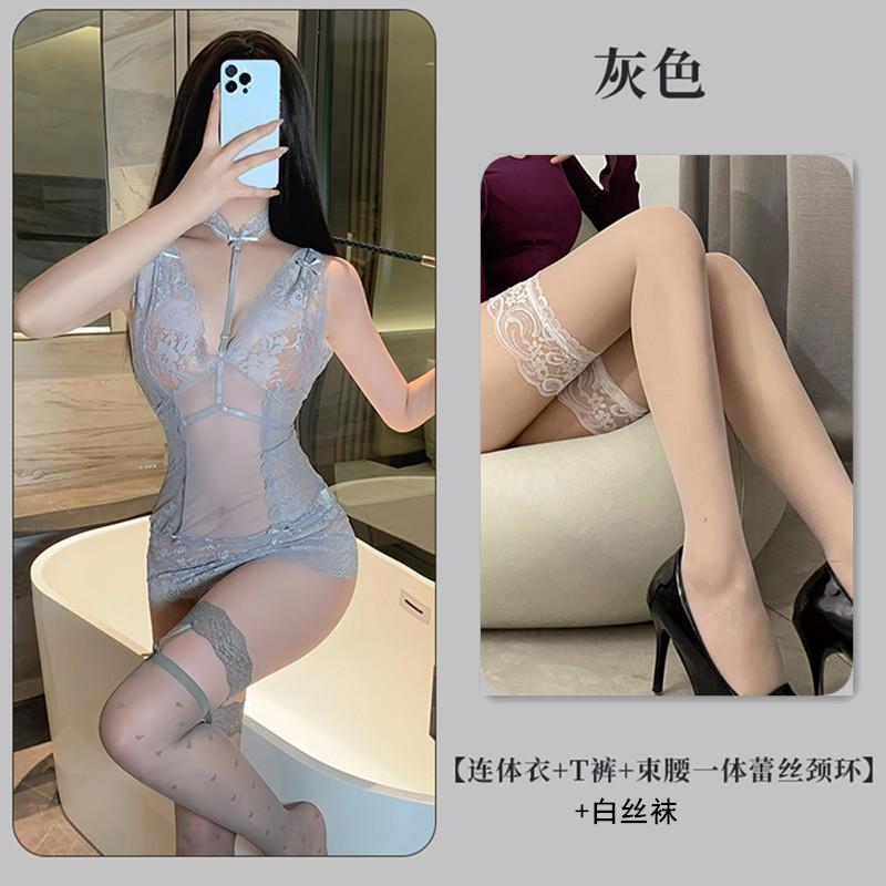 Deep V dew ditch lace sexy underwear sexy lace perspective hip skirt uniform clothes qqny99