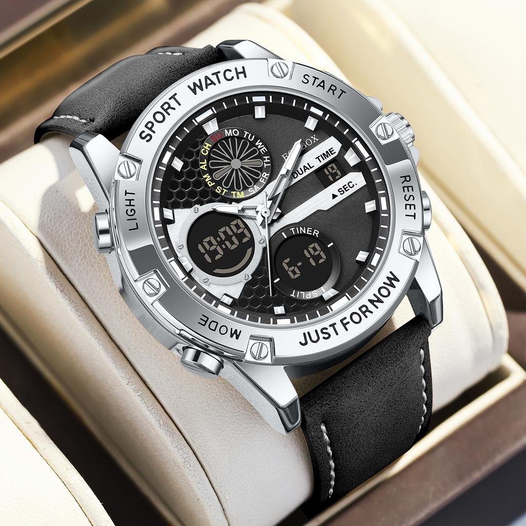 Outdoor Sport Electronics Watch for Men Leather Strap Auto Date Casual Waterproof Luminous Dual Digital Watches