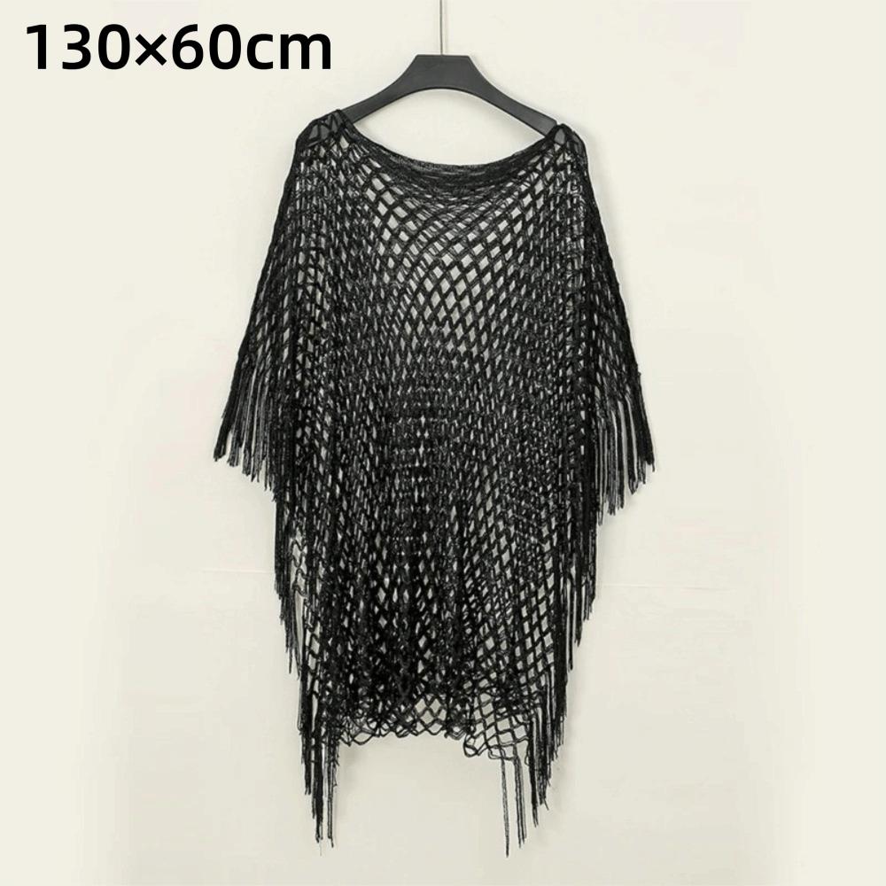 Through Hollow Out Pareo Solid Color Tassels Shawls Sexy Long Sleeve Cover Up for Women