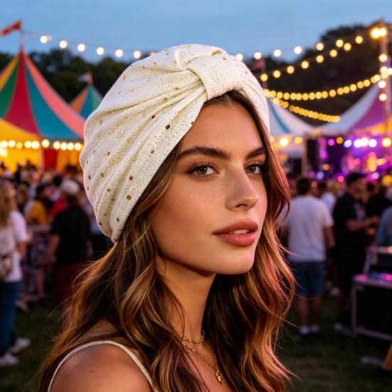 Turban Hat for Women, Sequined Crepe Fabric Headwrap, Ethnic Style Knotted Front Headwrap for All Face Shapes