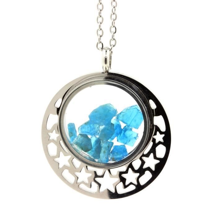 Collier Apatite bleu neon brut - ABIJOUX - quart de Lune - pierres naturelles - chaine en acier inoxydable