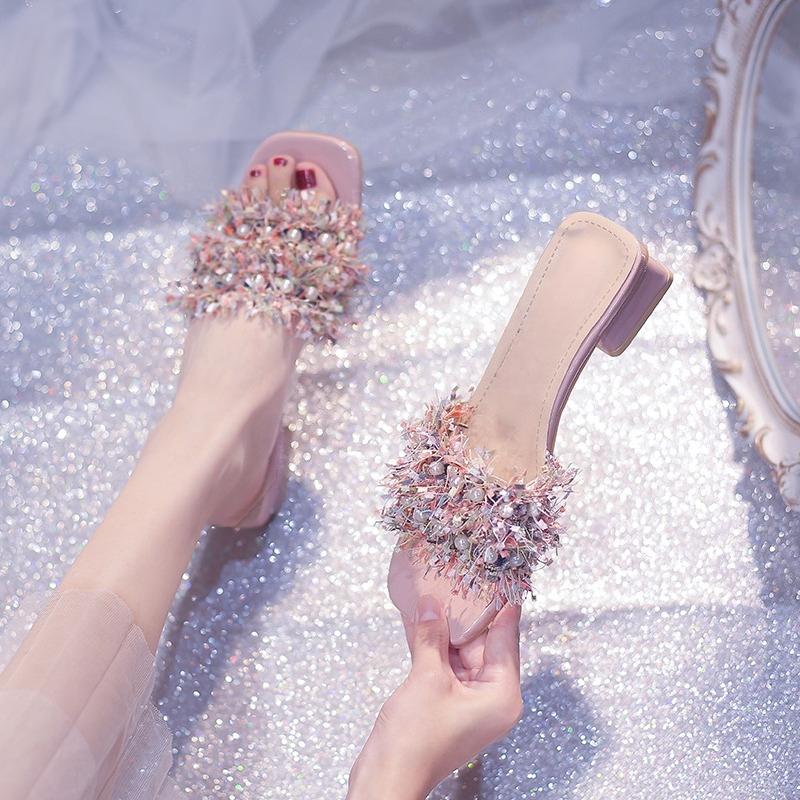 Chunky Heel Slippers for Women To Wear As Outerwear In Summer, New Square Toe Open Toe Pearl Fashionable Mid-heel Sandals