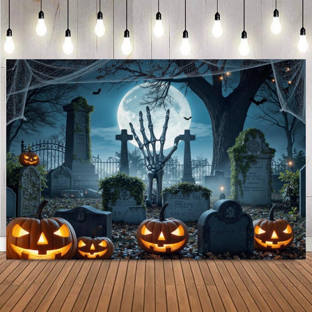 Halloween Full Moon Night Background Photography Gothic Tombstone Zombie Hand Pumpkin Lantern Spider Web Skull Photo Backdrop34