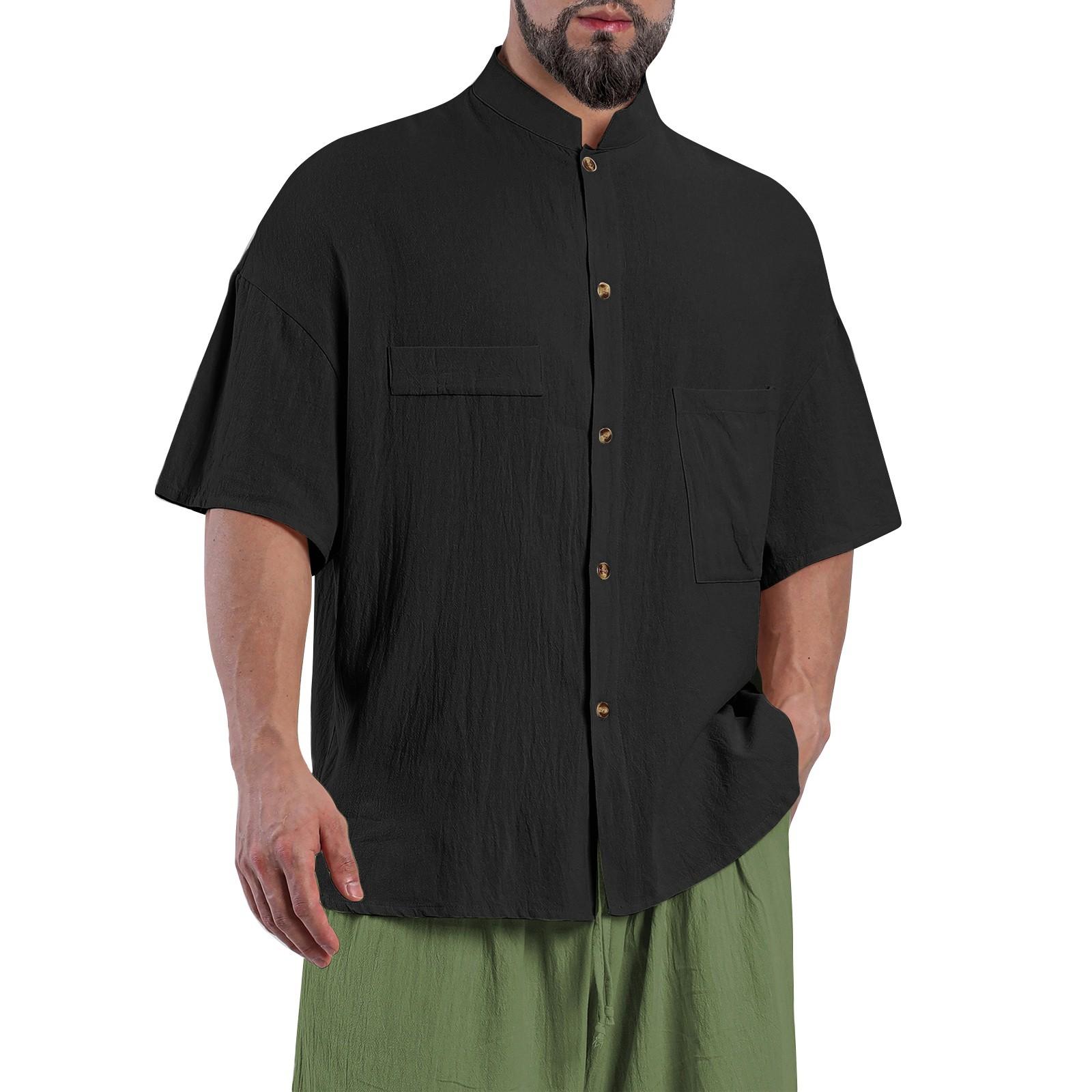 

Мужская однотонная рубашка с воротником-стойкой, двойным карманом, коротким рукавом, хлопком и льном, на пуговицах L чёрный