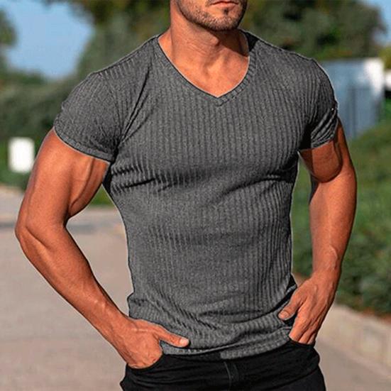 Men T-shirt V Neck Slim Fit Solid Color Breathable Summer Top Daily Garment