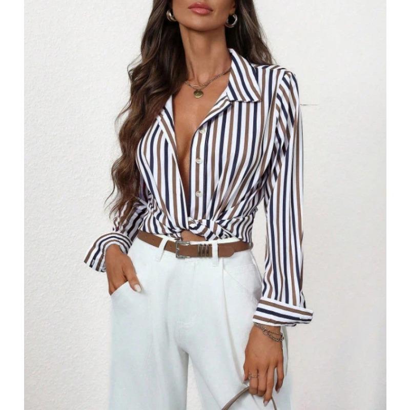 Women Striped Long Sleeve Casual Commute Shirt S коричневый