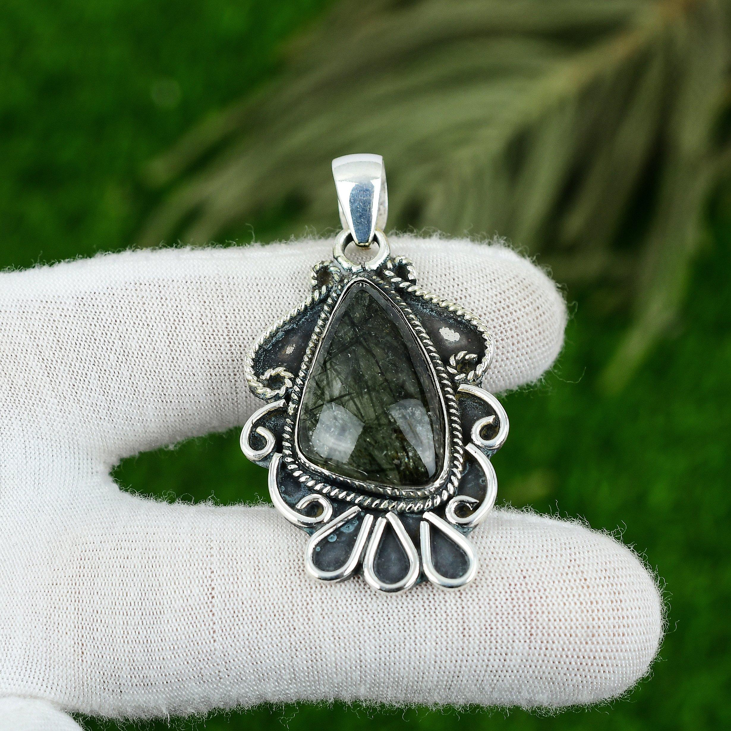 Natural Moss Prehnite 925 Silver Bezel Mother Anniversary Wedding Boho Pendant