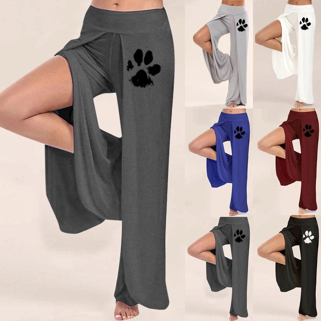 Women Dog Paw Print Wide Leg Side Slit Flowy Yoga Pants Pant köp billigt —  fri frakt, ärliga recensioner med bilder — Joom