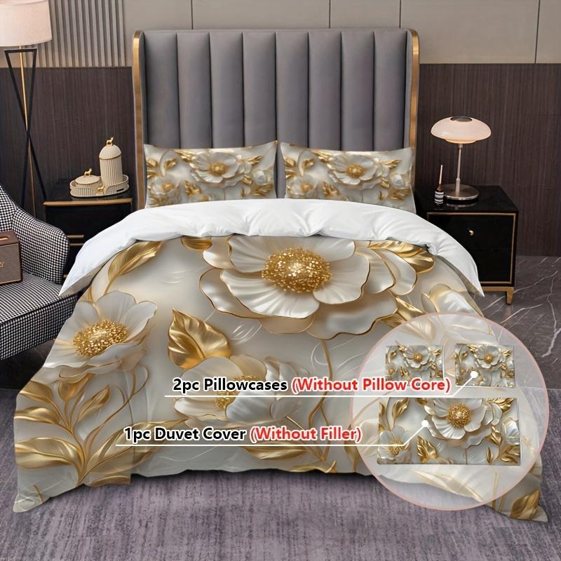 3Pcs Golden Golden Edge Flower Quilt Set (1 Duvet Cover + 2 Pillowcases Coreless) White 3D Carved Series High Definition