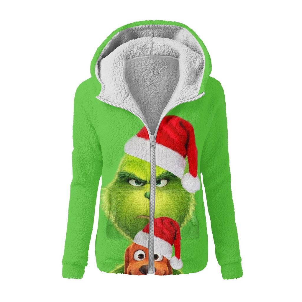 Women's Winter Print Casual Fashion Plush Hooded Zip Sweater Jacket